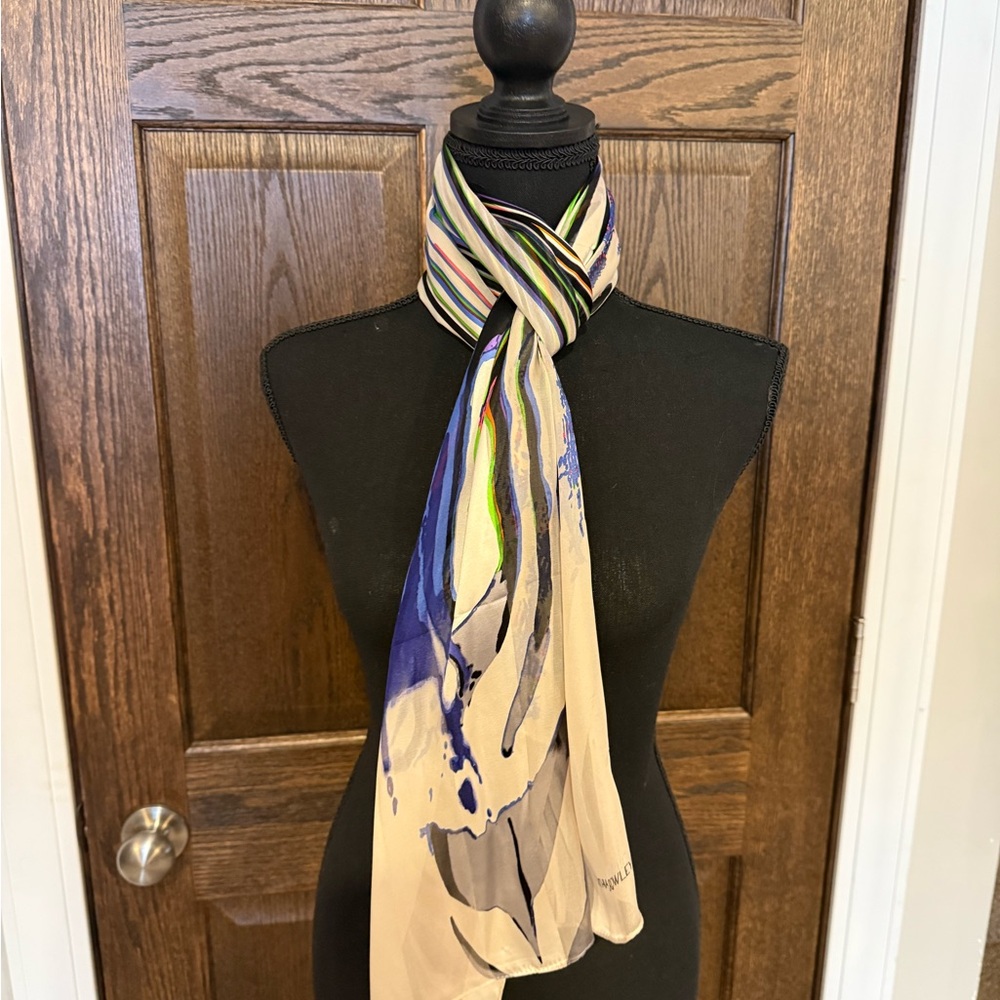 Cynthia Rowley Sheer Cream Scarf with Blue and Black Graphic Stripes